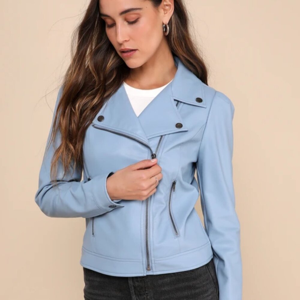 Lulu's Pretty Powerful Slate Blue Vegan Leather Puff Sleeve Moto Jacket